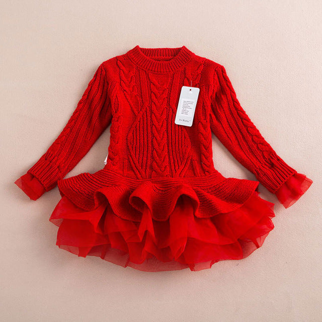Winter Girls Christmas Dresses Knitted Kids Clothes Warm Red
