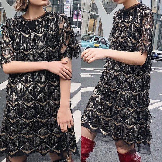 Loose Round Neck Fashion Casual Tassel Sequined Short Sleeve Dress