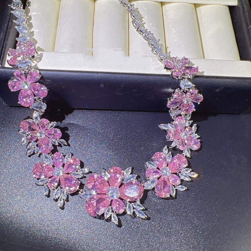 Full Diamond Flower Zircon Necklace Earring Bracelet Four-piece Ring Set