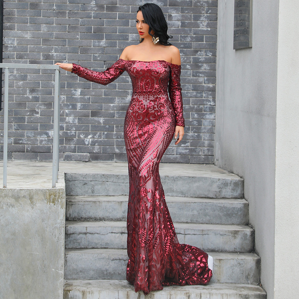 Classic sequined one-shouldered gown