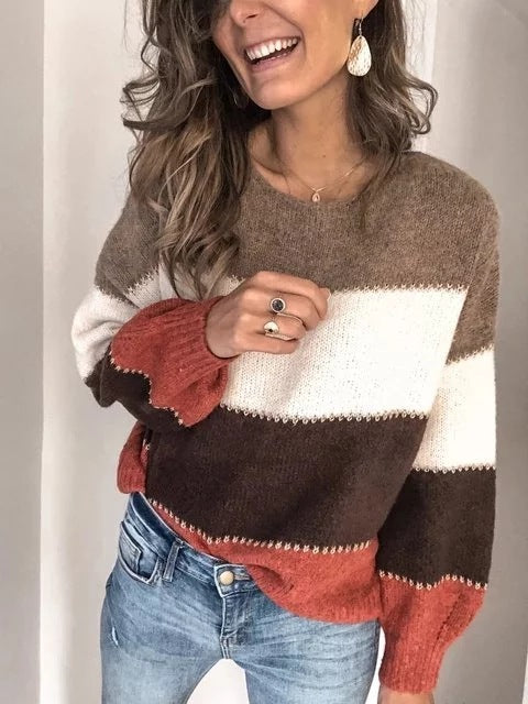 Women Sweater Pullover Round Neck Stripe Long Sleeve Sweater Coat Women Fashion Autumn Knitwear