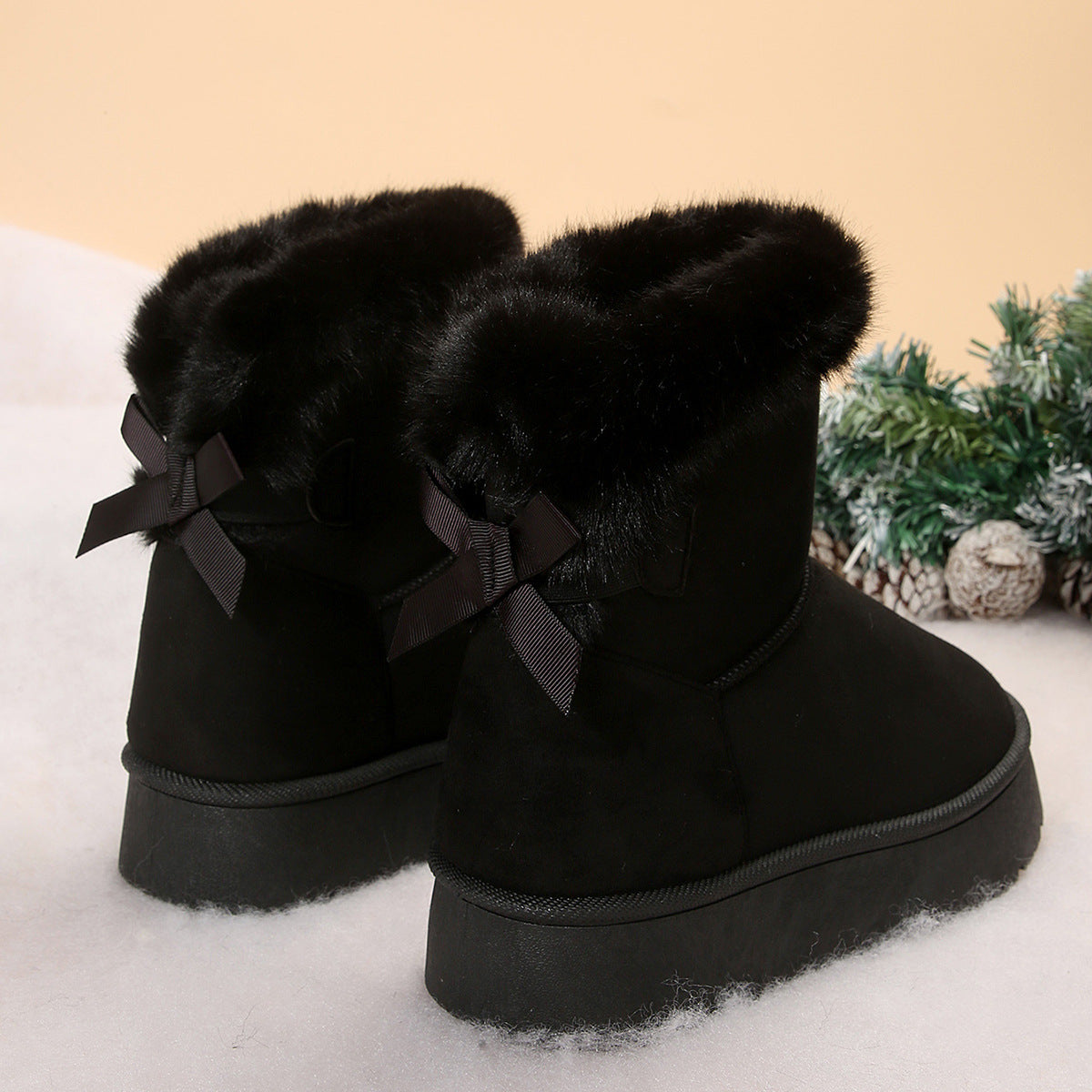 New Bow-knot Snow Boots Winter Plus Velvet Warm Thick-soled Ankle Boots For Women Simple Daily Leisure Cotton Shoes