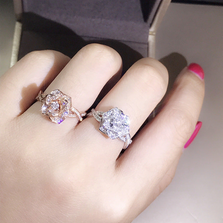 18K rose gold simulation diamond ring Rose lady social wedding ring - The Trend