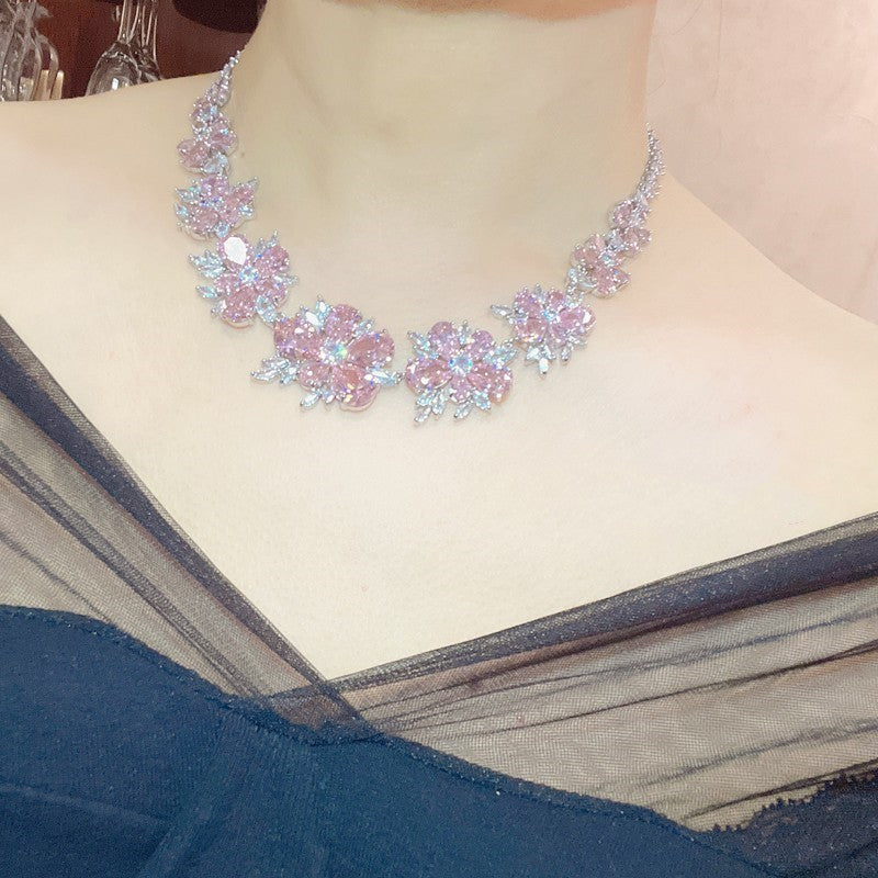Full Diamond Flower Zircon Necklace Earring Bracelet Four-piece Ring Set