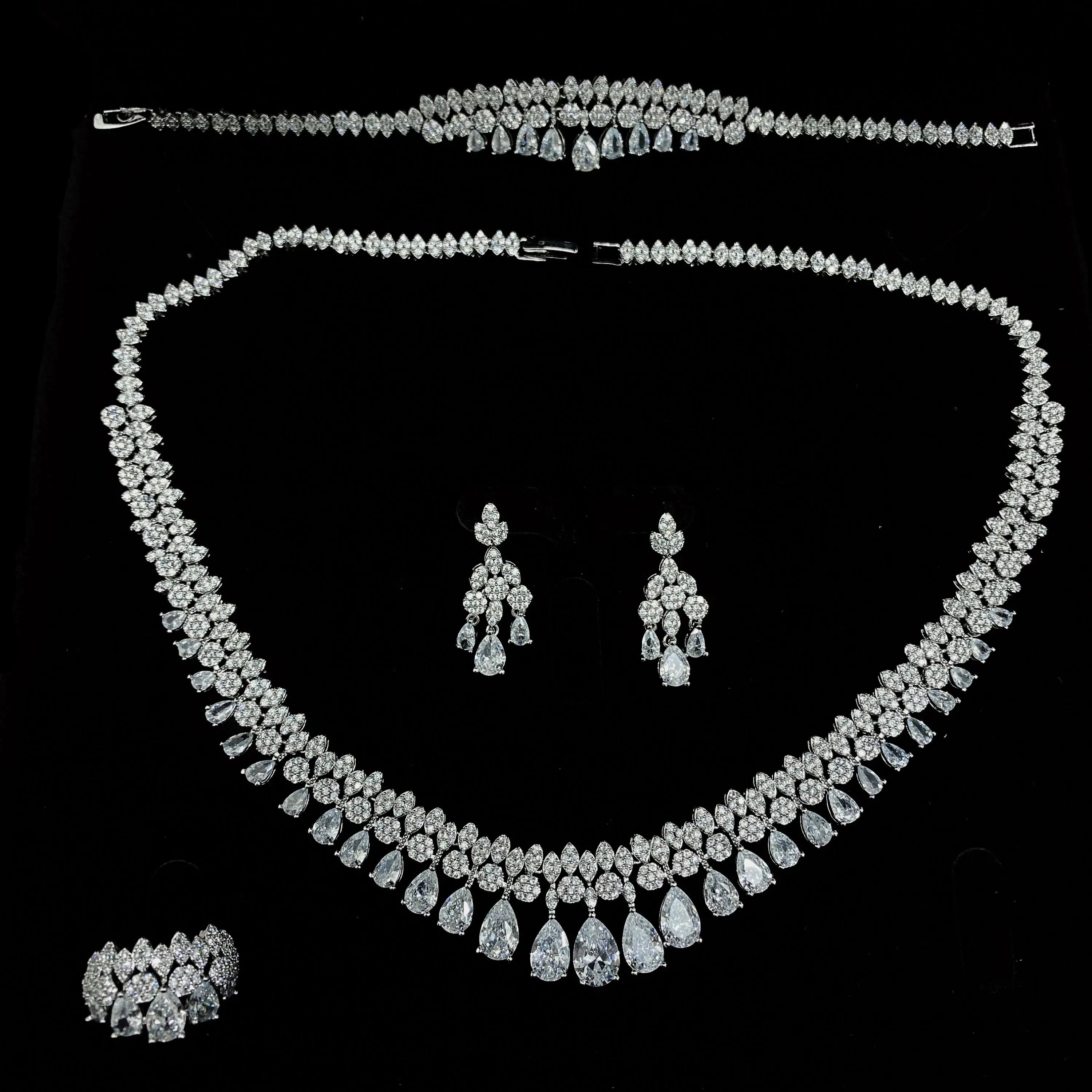 Luxury White Cubic Zirconia Bridal Jewelry Set Brides Accessories Tassel Water Drop Necklace Earring 4pcs Set for Wedding Party