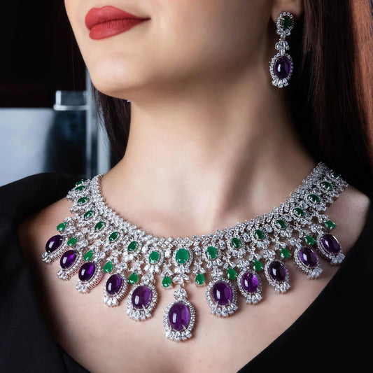 4PCS Luxury Green purple Mixed Big Statement Jewelry set For Women Wedding Cubic Zircon CZ African Dubai Bridal Jewelry