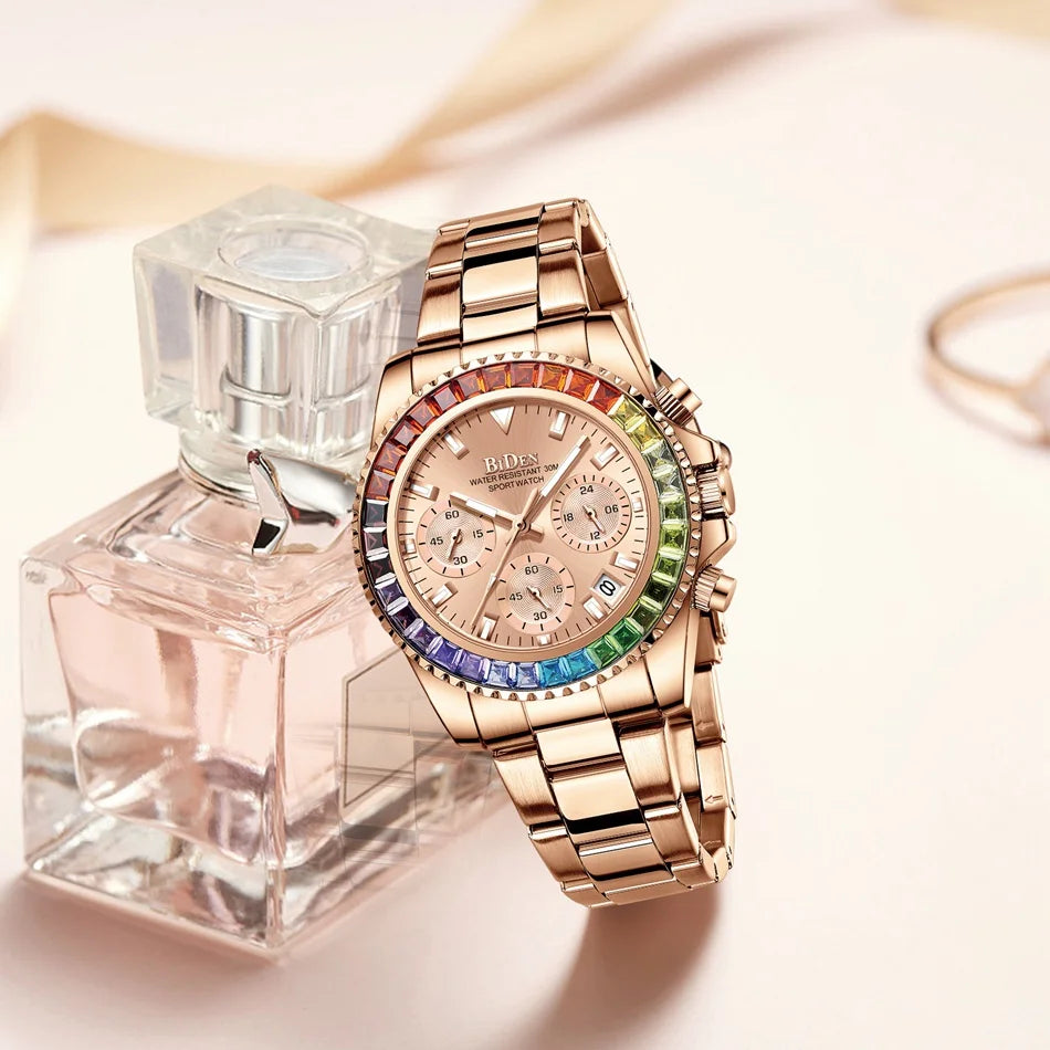 Lady Dress Watch Calendar Colorful Rhinestone Dial Casual Business Women Wristwatch Silver Stainless Steel