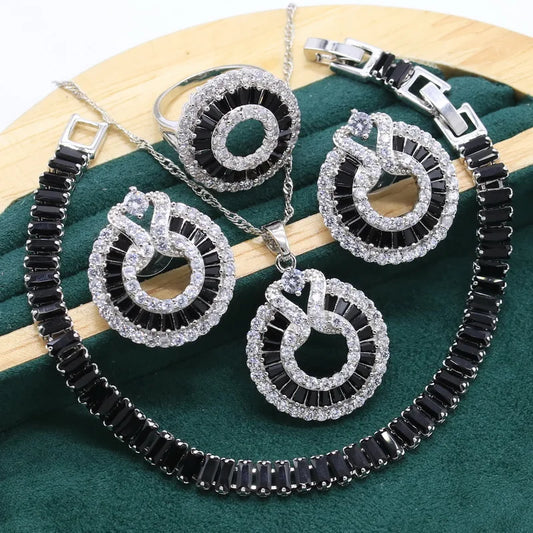 Black Crystal Bracelet Earrings Necklace pendant Ring Birthday Gift - The Trend