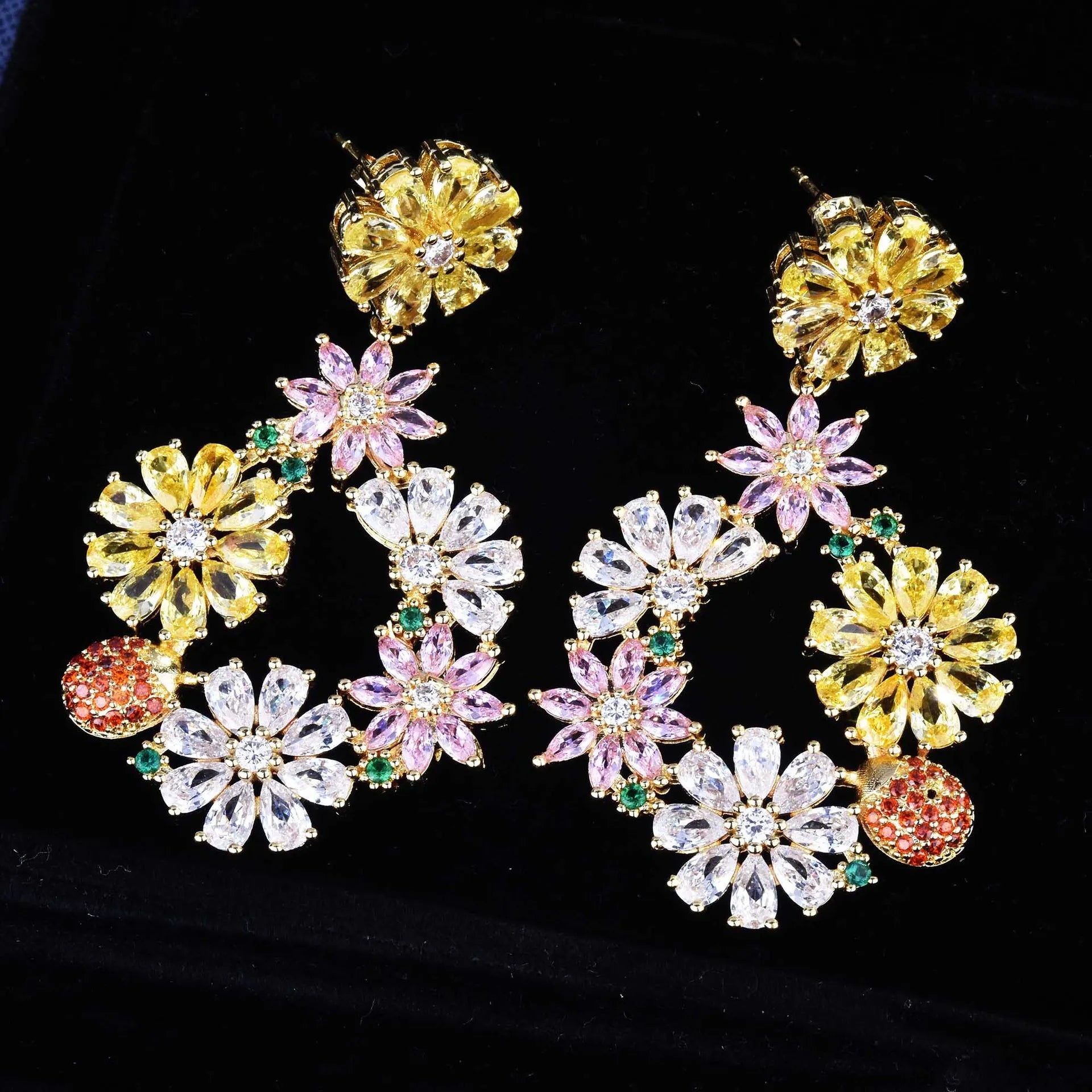 Colorful Rhinestone Flowers Ladybug Circle Drop Earring for Women