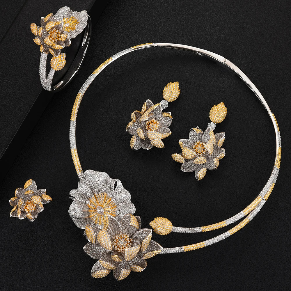 Lotus Flower Jewelry Sets For Women Wedding Cubic Zirconia Dubai Bridal Jewelry Set party gift