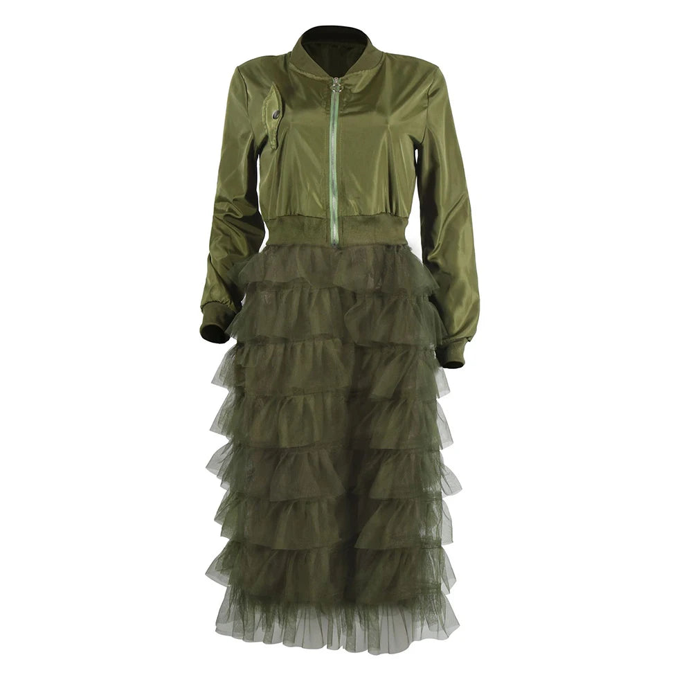 Jacket Women Long Sleeve zipper dress coat  mesh lace Ruffle Patchwork long Jacket