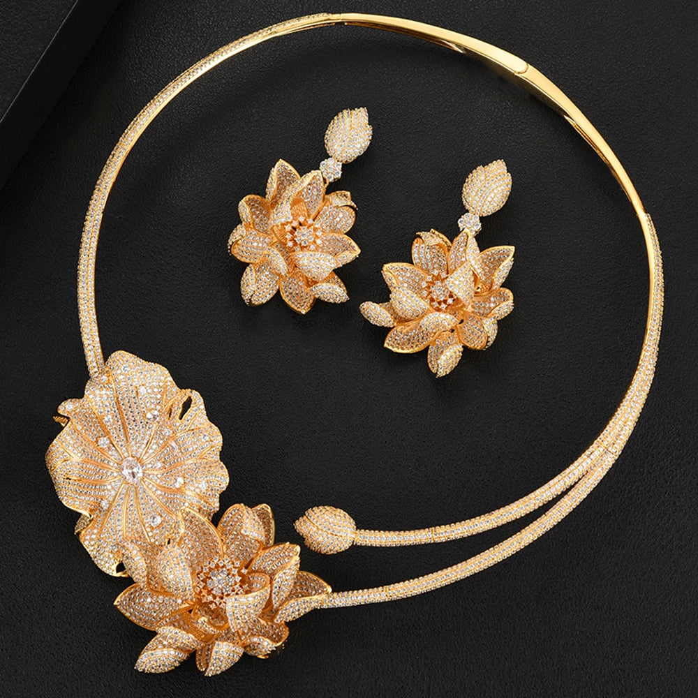 Lotus Flower Jewelry Sets For Women Wedding Cubic Zirconia Dubai Bridal Jewelry Set party gift