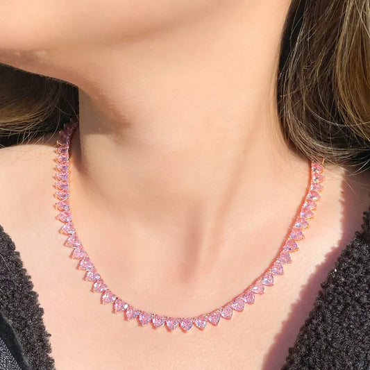 Pink Cubic Zirconia Cute Romantic Love Heart Shape Tennis Choker Necklace for Women Lover Gift