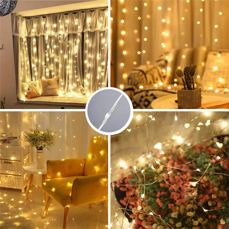Curtain LED 3x3m 300led string light USB fairy icicle copper wire remote control Christmas wedding garden window outside