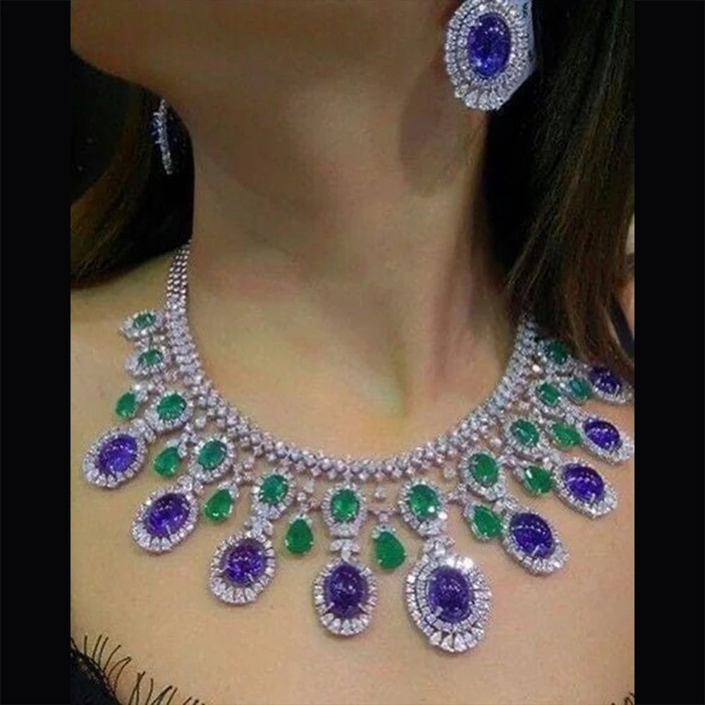 4PCS Luxury Green purple Mixed Big Statement Jewelry set For Women Wedding Cubic Zircon CZ African Dubai Bridal Jewelry