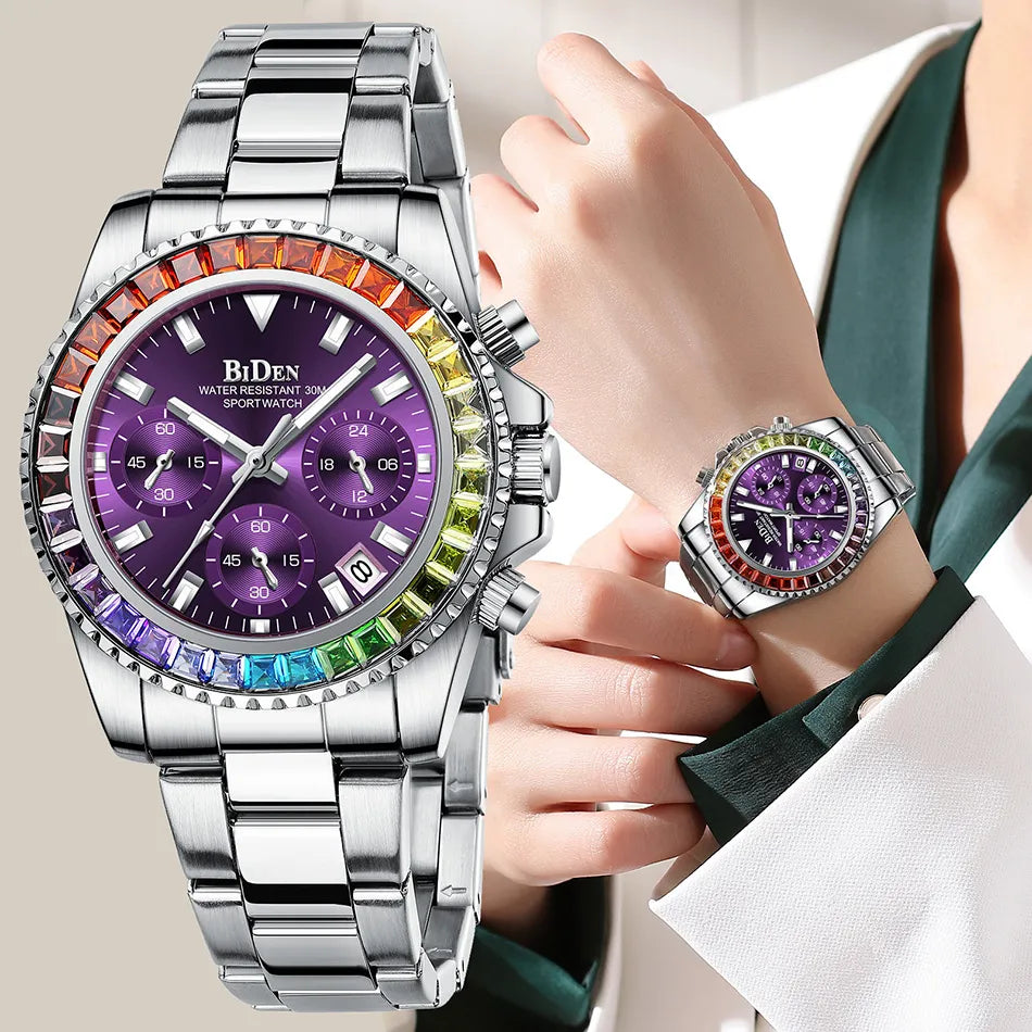 Lady Dress Watch Calendar Colorful Rhinestone Dial Casual Business Women Wristwatch Silver Stainless Steel