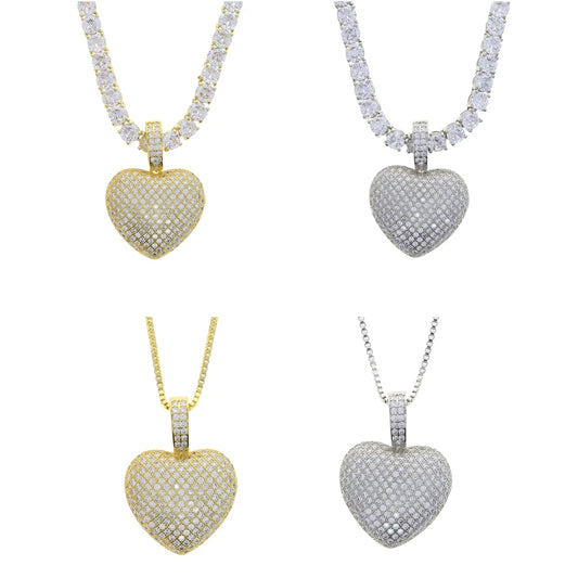 Sparking Bling 5A Crystal Paved Heart Charm Pendant Hip Hop Love Necklace for Women Men