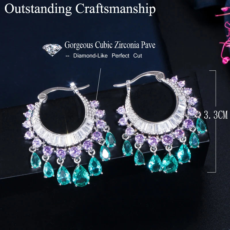 Crystal Green Dangling Fringed Waterdrop Round Hoop zirconia Earrings - The Trend