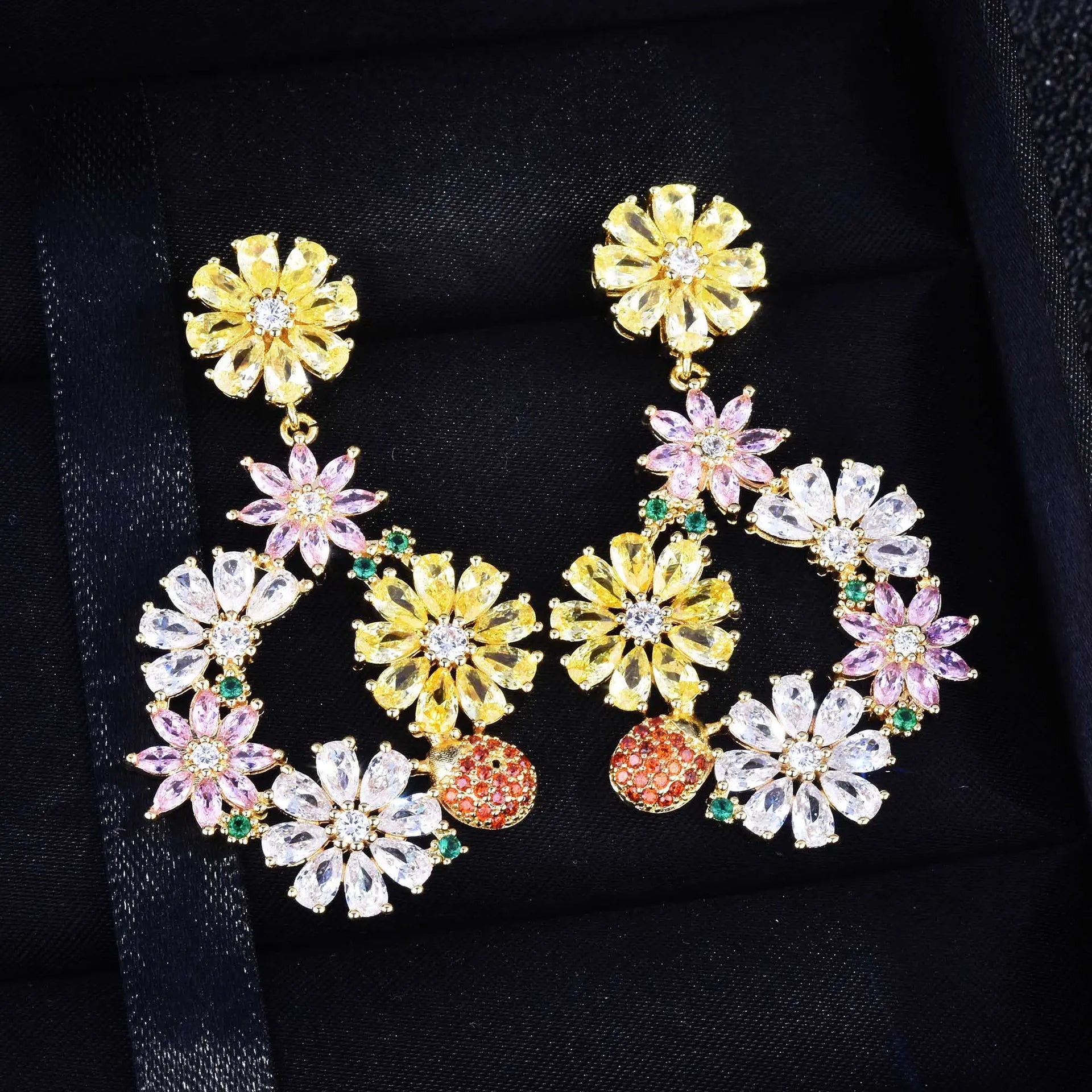 Colorful Rhinestone Flowers Ladybug Circle Drop Earring for Women