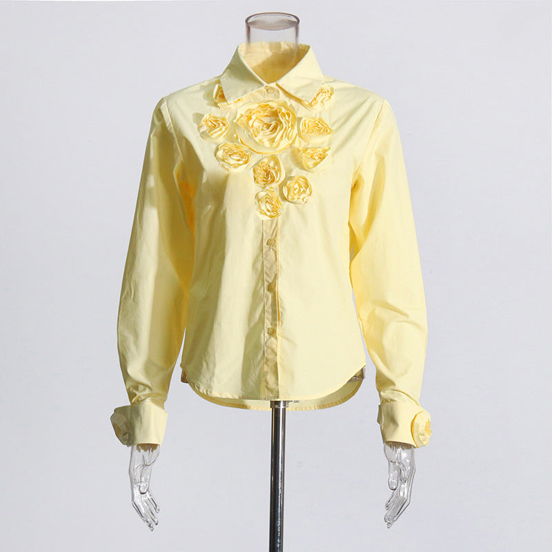 Women's Stitching Flower Decoration Polo Collar Top