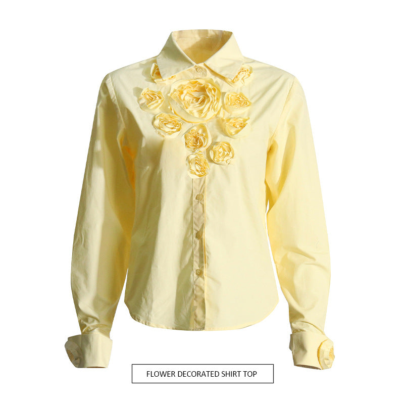 Women's Stitching Flower Decoration Polo Collar Top