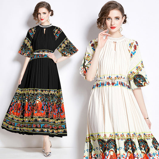 Positioning Printed Pleated Pearl Buckle Pleated Dress