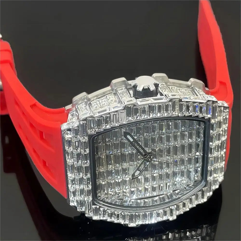 Luxury Iced Out Watch for Mens Brand PLADEN Hip Hop Square Diamond Quartz Watch Fashion Sports Silicone Strap Tonneau Clock Man