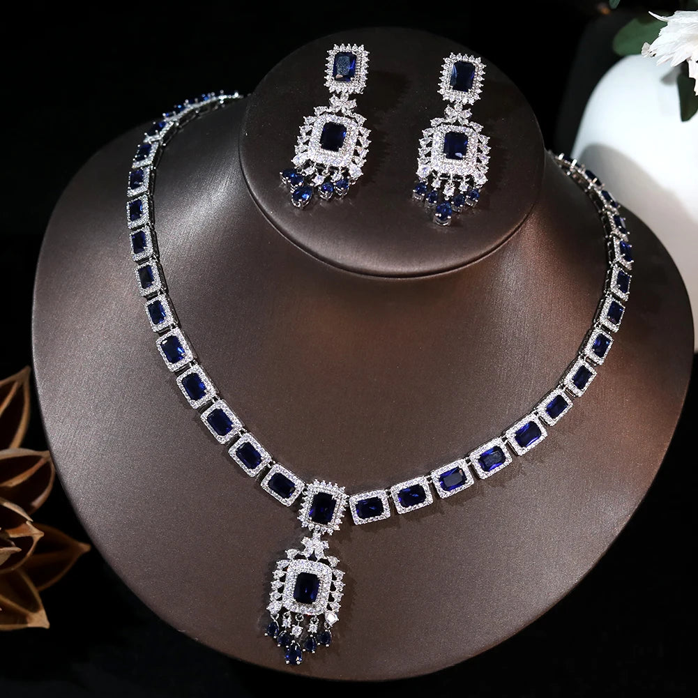 Green Blue Red CZ Stone Earrings Necklace 2PCS Big Long Drop Wedding Bridal Dress Jewelry Set for Women