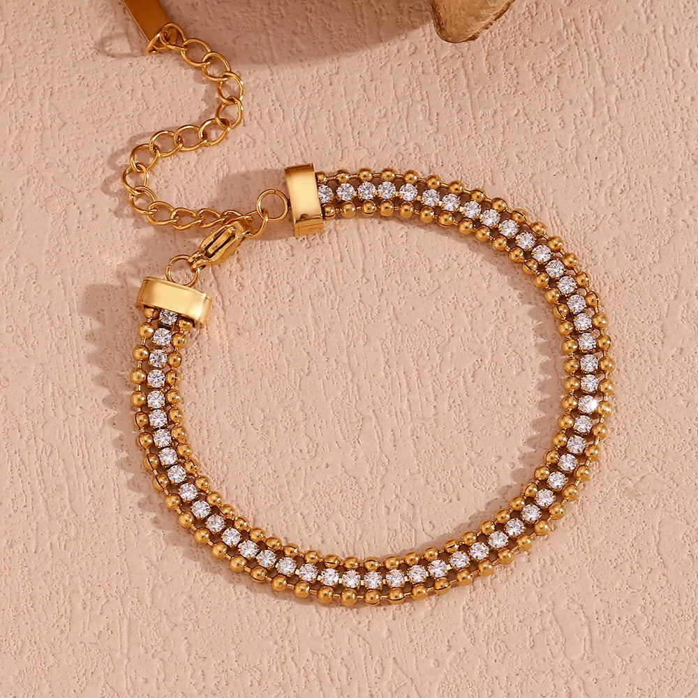 Three Layer Round Bead Woven Zircon Bracelet Hypoallergenic Stainless Steel Accessories 18K Gold Plated Jewelry