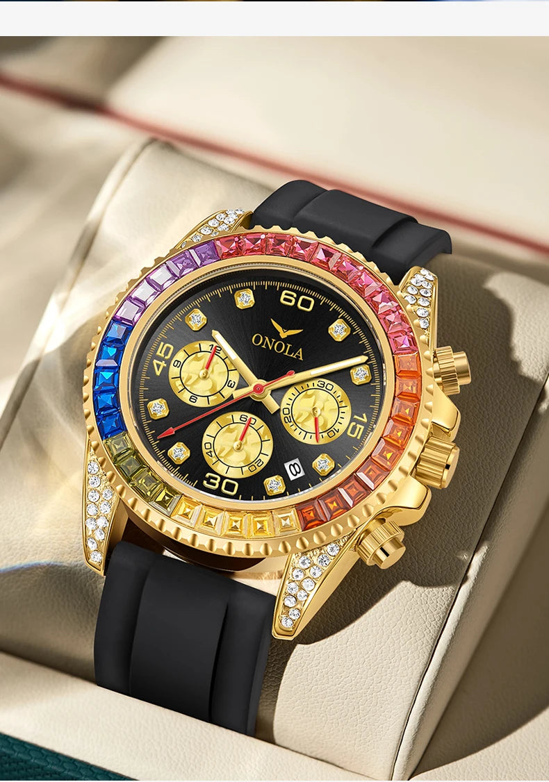 Fashion Colored Diamond High-quality Men's Quartz Watch ONOLA Silicone Tape Waterproof Watch Clock Man