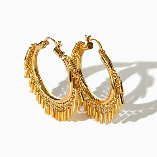 Gold Silver Plated Beads and Bar Tassel Hoop Earrings for Lady