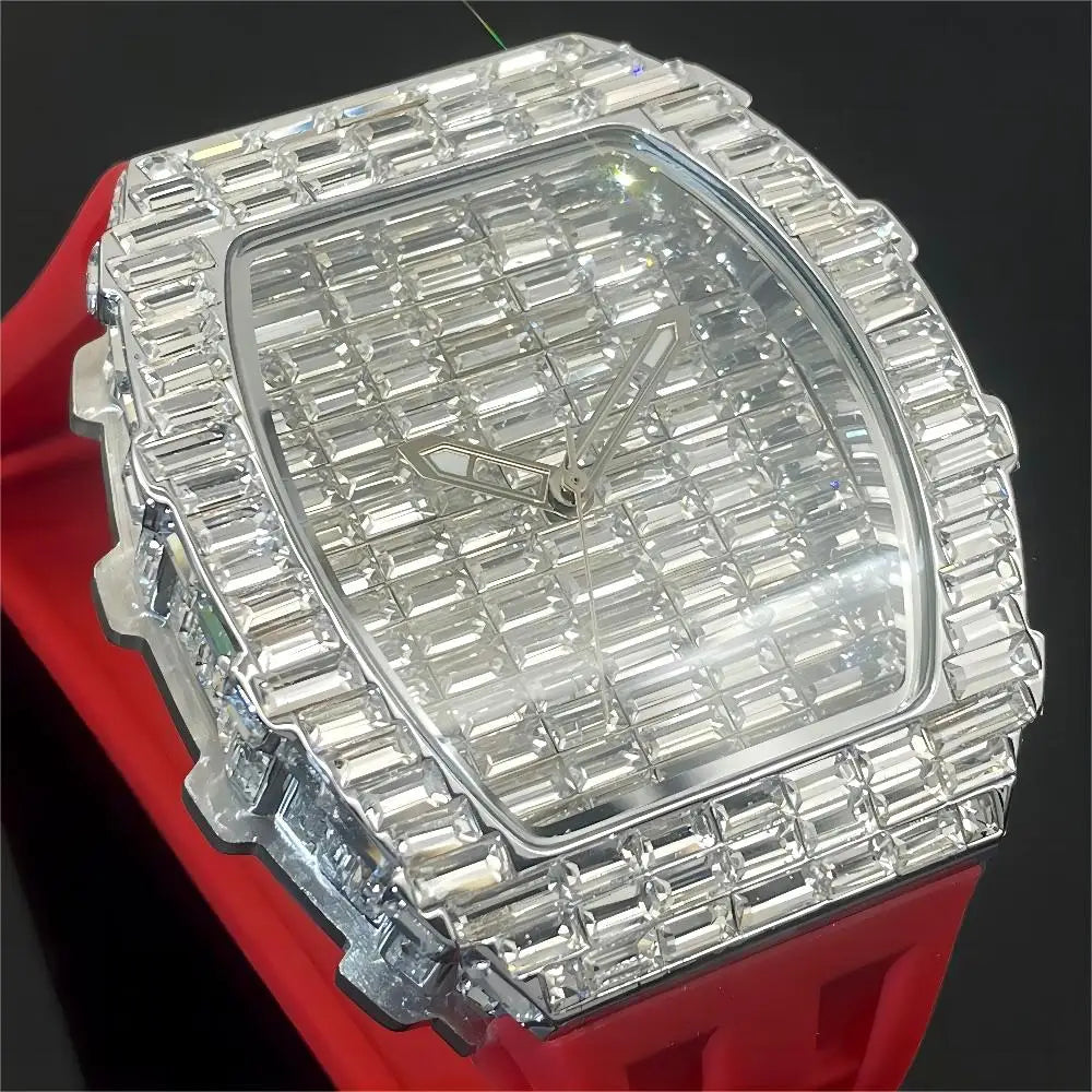Luxury Iced Out Watch for Mens Brand PLADEN Hip Hop Square Diamond Quartz Watch Fashion Sports Silicone Strap Tonneau Clock Man