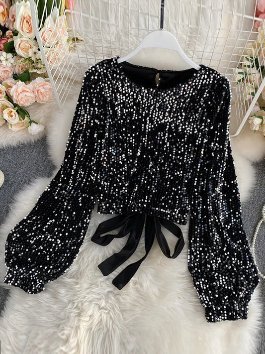 Spring Auttumn Blouse New All-match Sequins O-Neck Shirts Long-sleeved - The Trend
