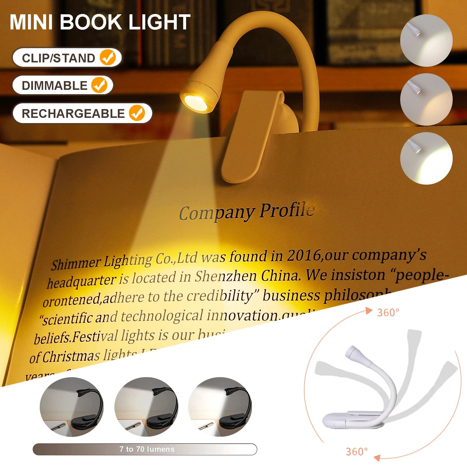 1-2Pcs Portable LED Book Lights USB Rechargeable Eye Protection Night Light