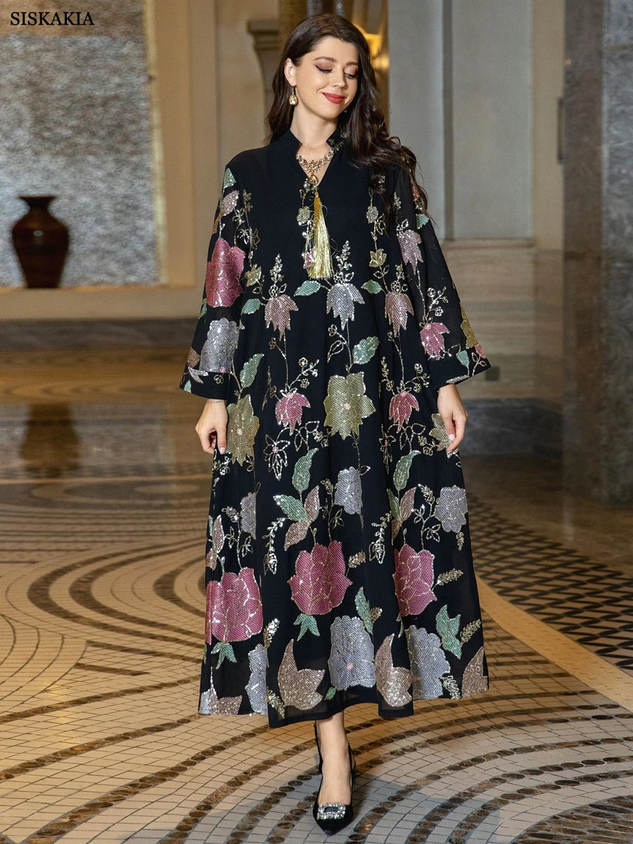 Floral Embroidery Sequins Casual Abaya Long Sleeve Notched V-Neck Tassel Dress Moroccan Dubai Women Robe