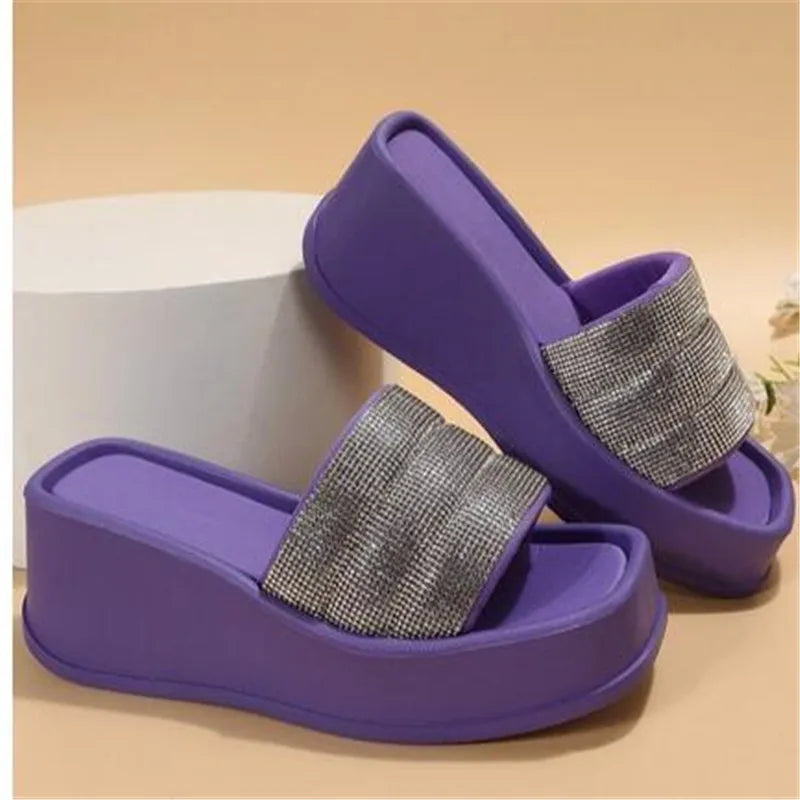 Women's Slippers  Sequin Open Toe Shoes Slope Heel Thick Sole High Heels Outdoor Casual Beach Shoes Large
