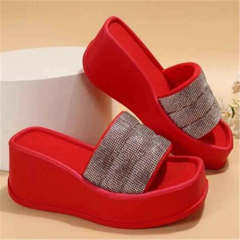 Women's Slippers  Sequin Open Toe Shoes Slope Heel Thick Sole High Heels Outdoor Casual Beach Shoes Large
