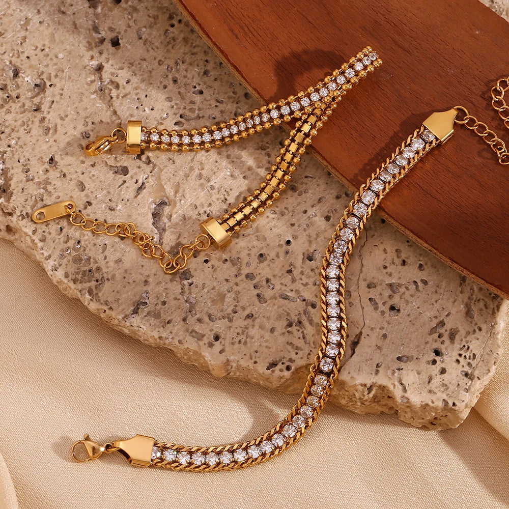 Three Layer Round Bead Woven Zircon Bracelet Hypoallergenic Stainless Steel Accessories 18K Gold Plated Jewelry