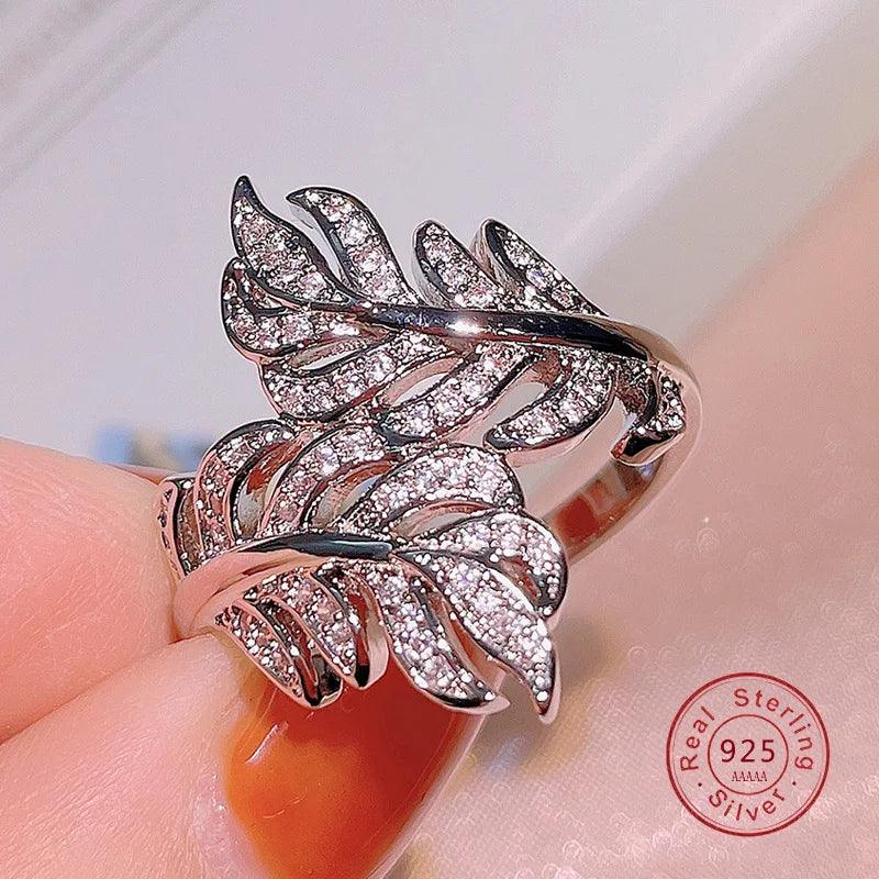925 Sterling Silver Propose Marriage Cubic Zirconia Feather Design Ring Romantic Bridal Wedding - The Trend