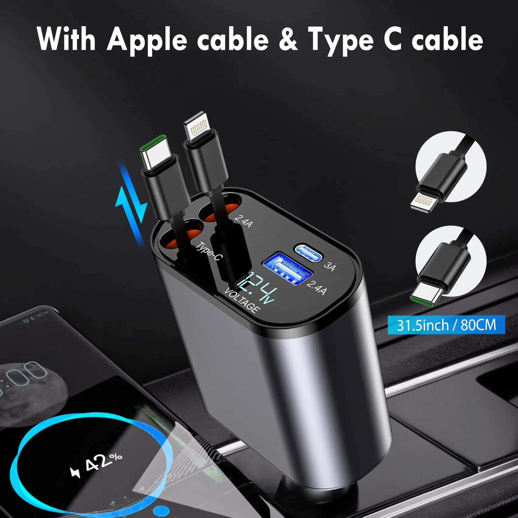 4 in 1 120W Retractable Phone Car Charger For iphone 15 14 Fast Charger 2 Charging Cables with Voltage Display Type C for Huawei