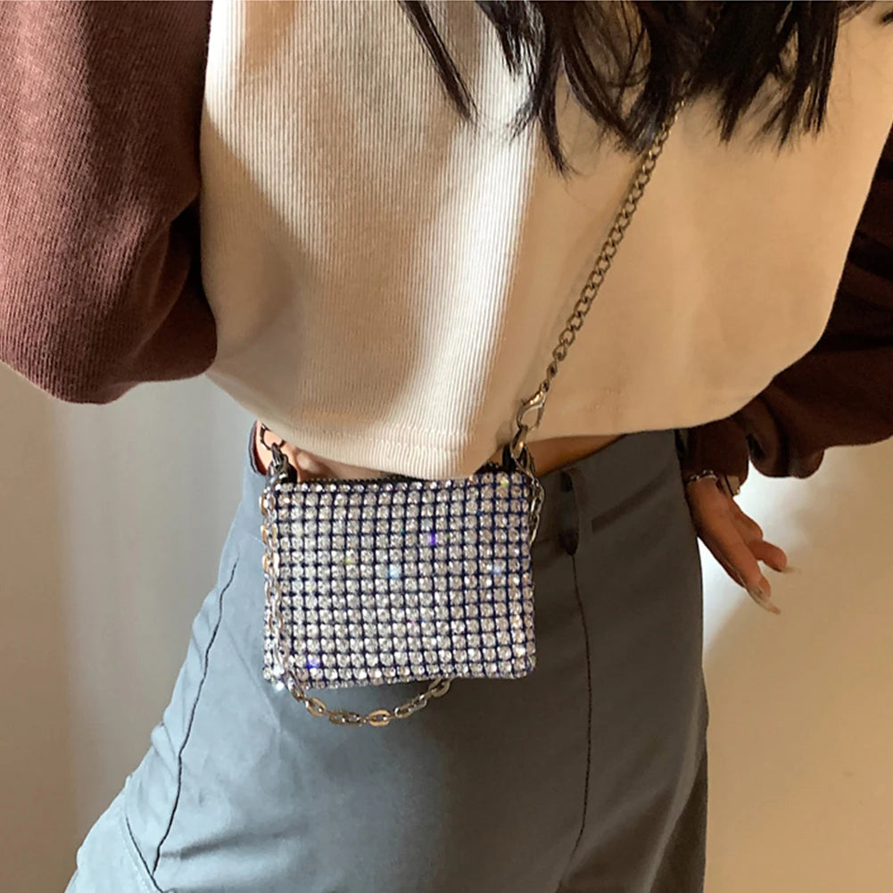 Mini Rhinestone Square Bag Metal Double Chain Shoulder Bag