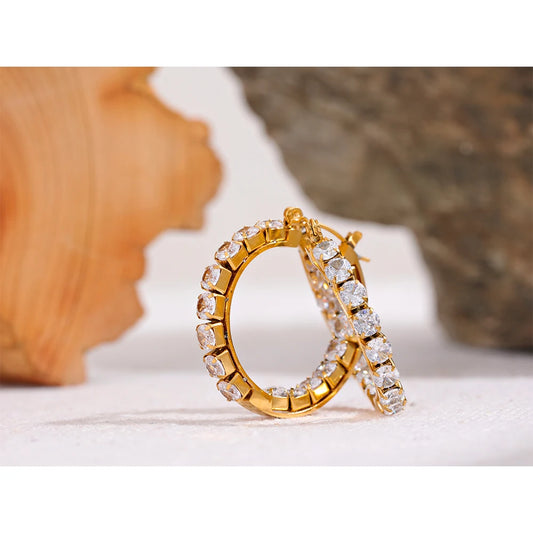 Cubic Zirconia Stainless Steel Waterproof Huggie Hoop Earrings for Women Stylish Gold Color Jewelry Party