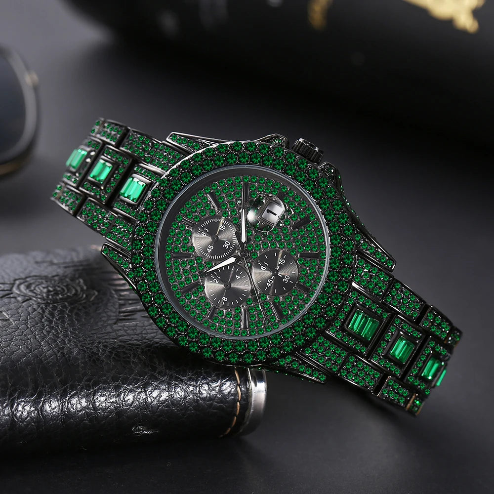 Luxury Men's Green Watches Automatic Date Fashion Waterproof Quartz Wrist Watches Man HipHop Iced Diamond Reloj