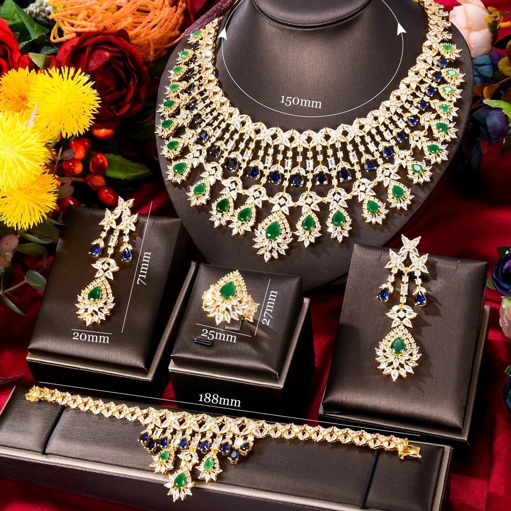 4PCS Luxury Tassel African Jewelry Set For Women Wedding Party Cubic Zirconia Dubai Bridal Jewelry