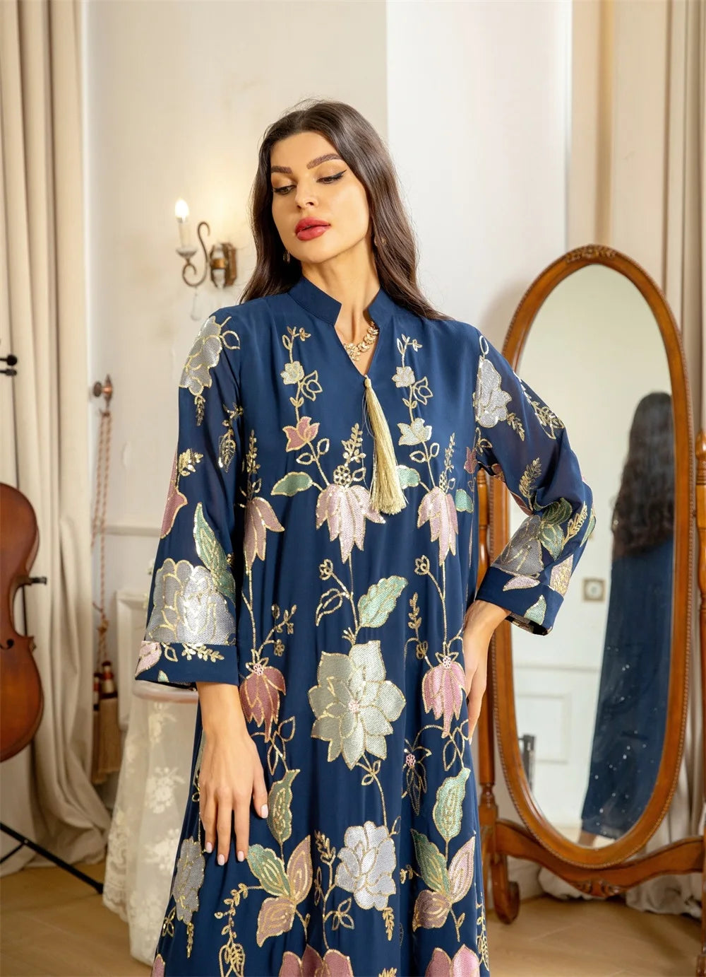 Floral Embroidery Sequins Casual Abaya Long Sleeve Notched V-Neck Tassel Dress Moroccan Dubai Women Robe