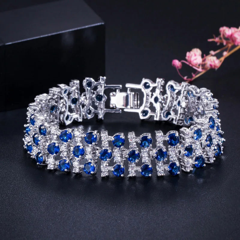 Elegant White & Royal Blue CZ Crystal Bangle Bracelet - White Gold Plated | BR038