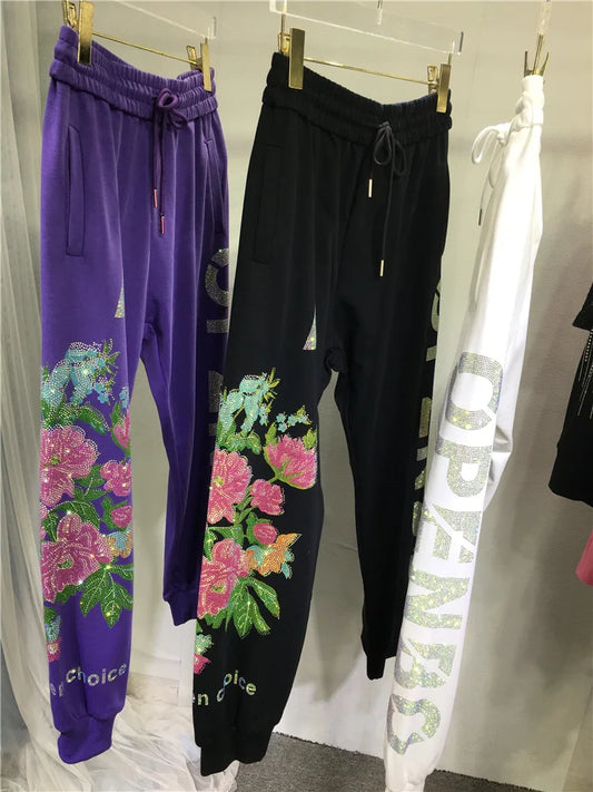 Blingbling Luxury Peony Flower Hot Drilling Women Sweatpants Large Size High Waist Sports Pants All-match Casual Long Trousers