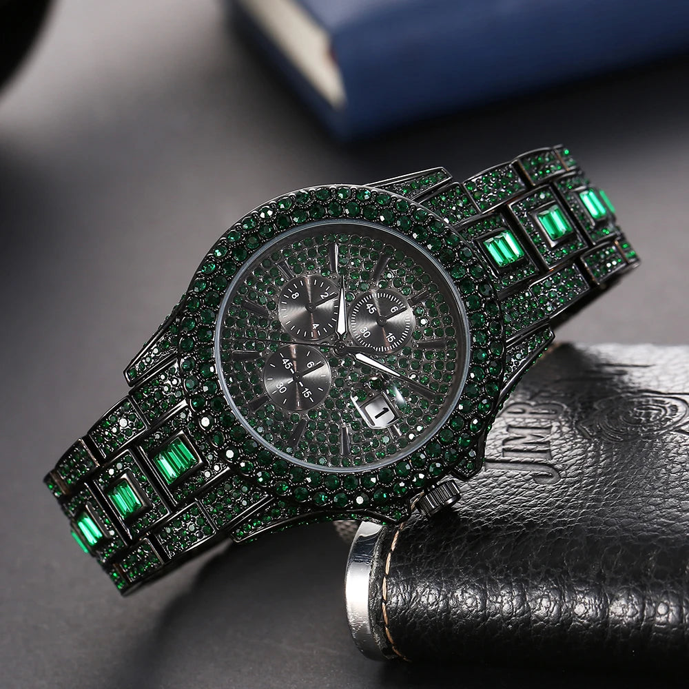Luxury Men's Green Watches Automatic Date Fashion Waterproof Quartz Wrist Watches Man HipHop Iced Diamond Reloj