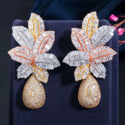 3 Tone Gold Color Luxury Large Leaf Drop Flower Micro earing - The Trend