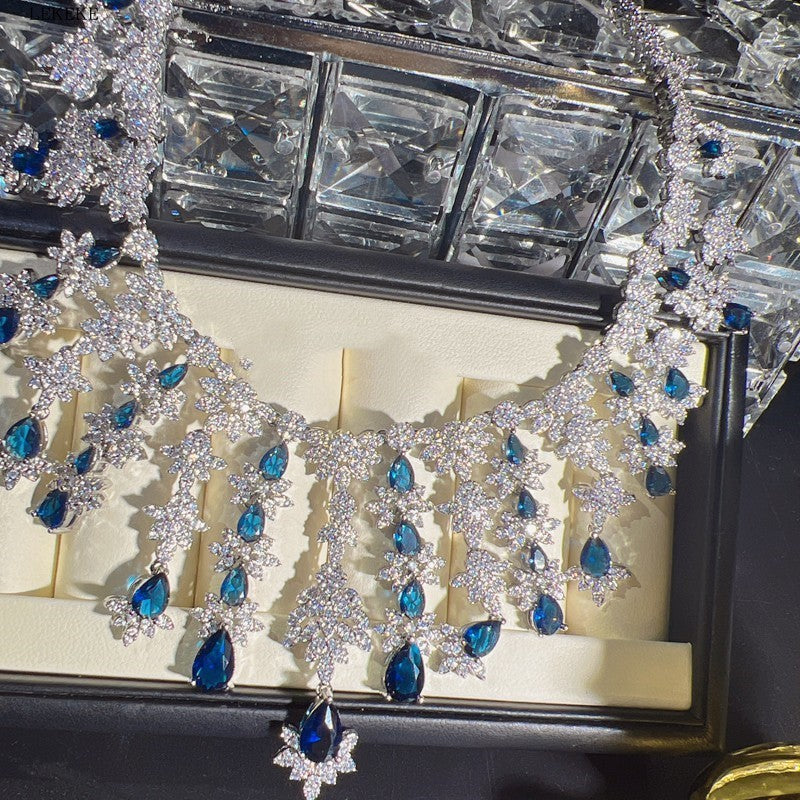 Blue Full Rhinestone Zircon Tassel Necklace Earring Bracelet Four-piece Set J